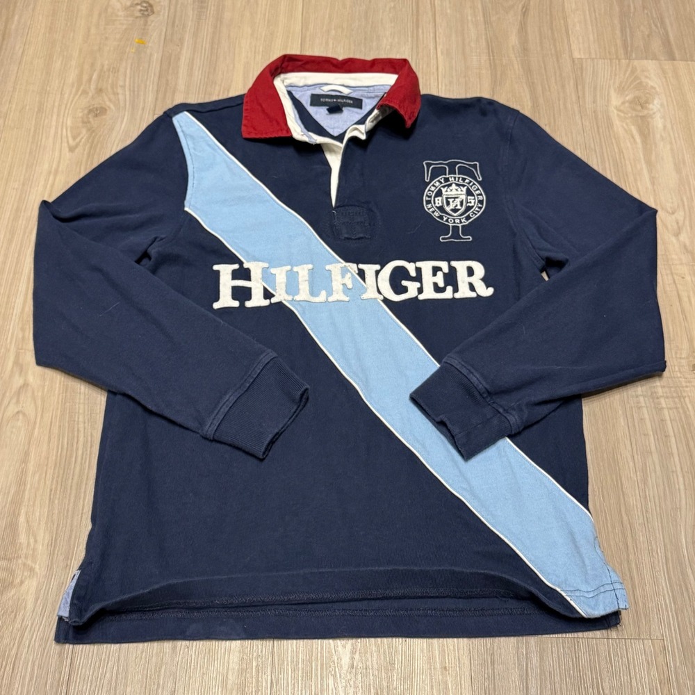 Tommy Hilfiger Mens Rugby Shirt Navy Blue White Light Blue Stripe Logo Size S